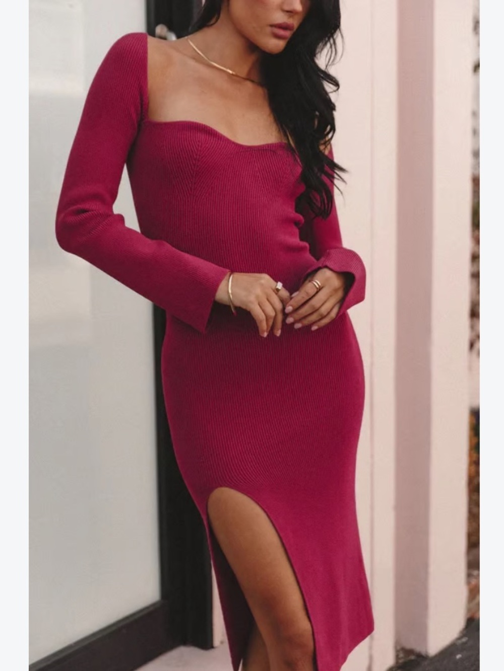 Petal & Pup Aquerelle Knit Sweater Dress Magenta Pink Long Sleeve Leg Slit US 6